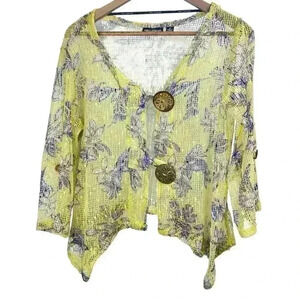 Nina Leonard Floral Yellow/Purple Sheer Open Weave Cardigan Wooden Buttons Med
